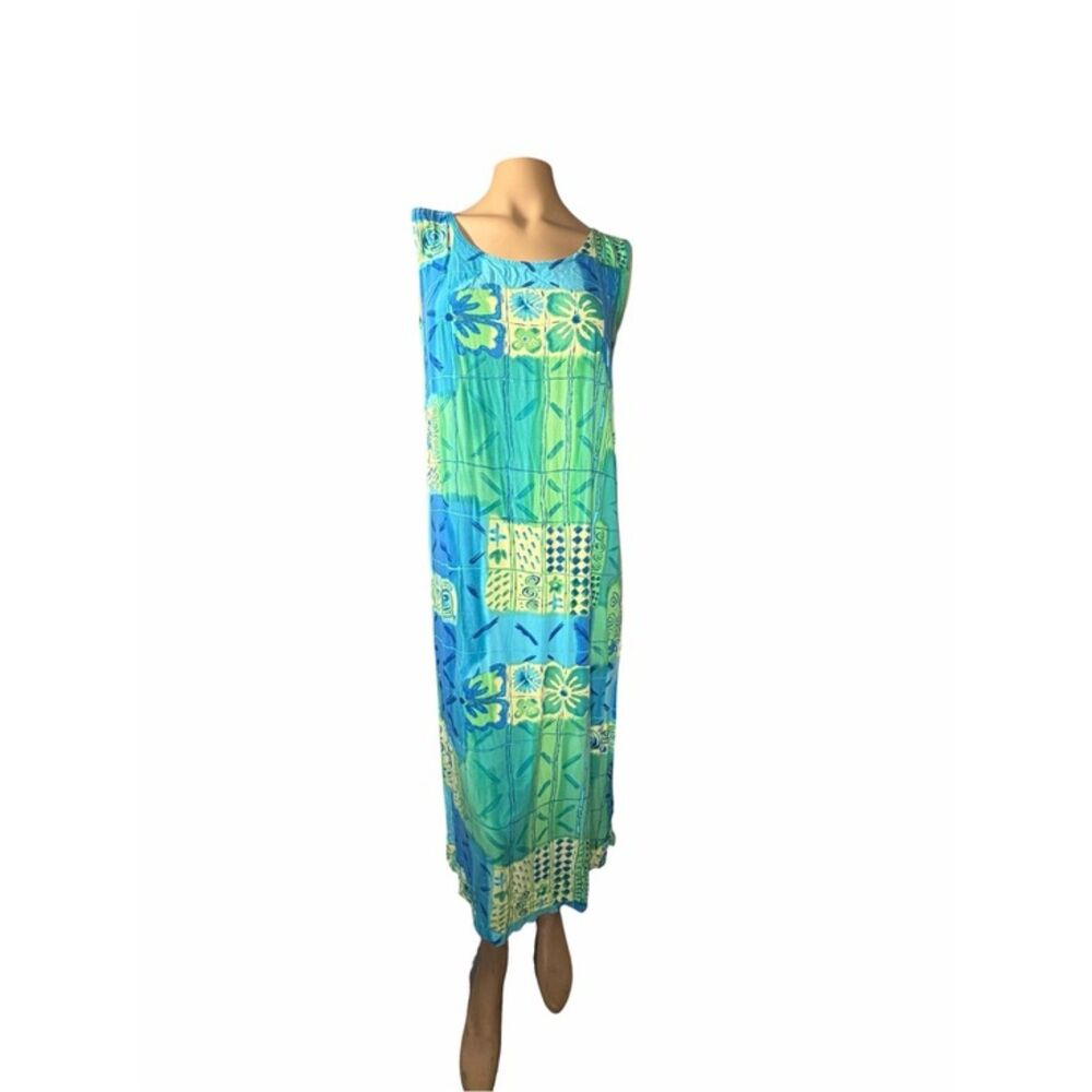 Vintage Big Hed Designs Blue Green Rayon Maxi Dress Small USA